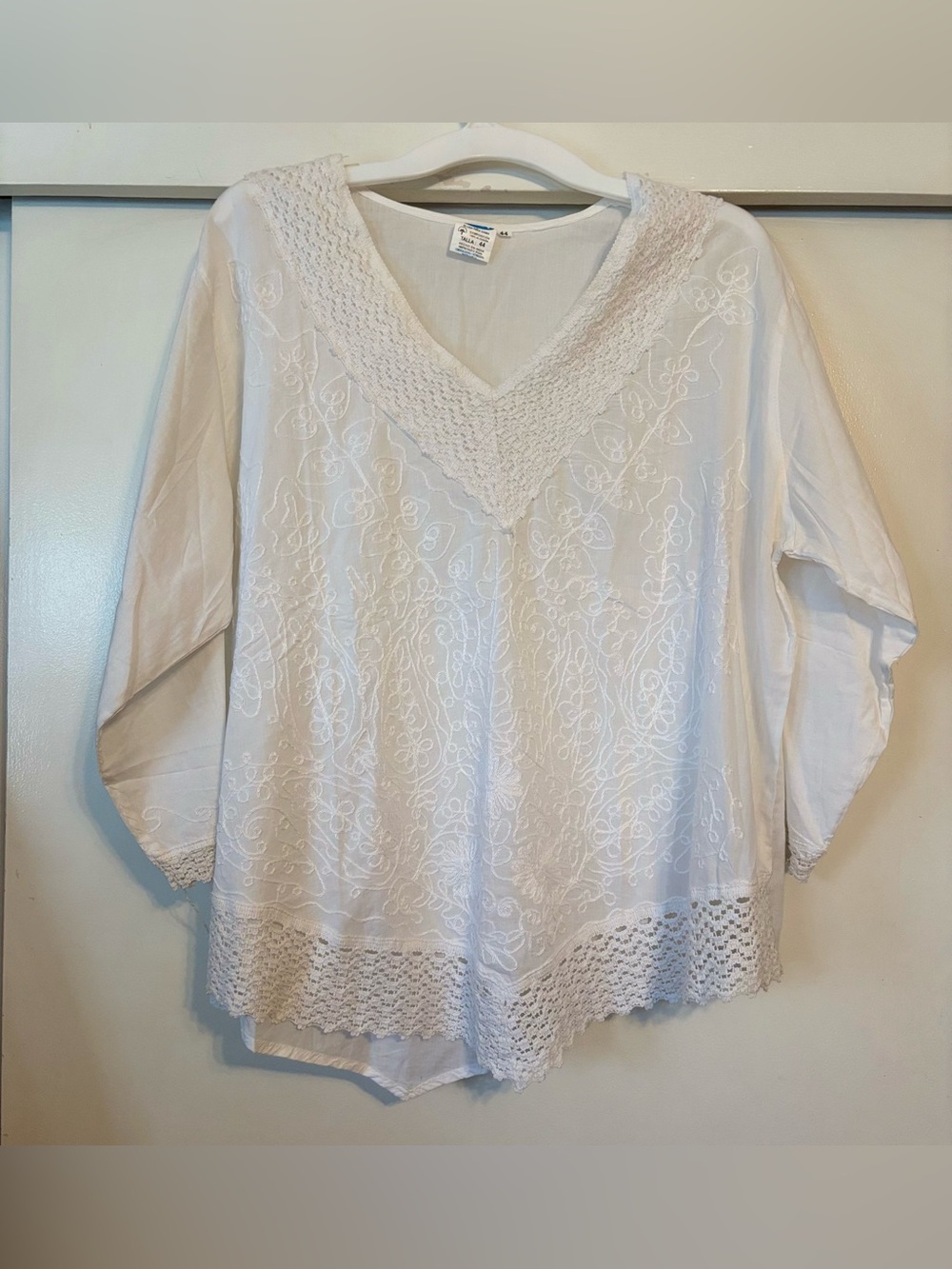 Boho Tunic Top White Embroidered Cotton Blouse Women’s Beach 44/L-XL